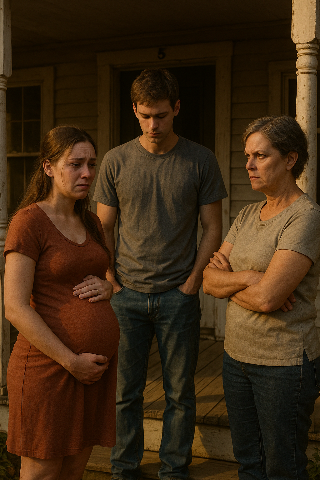 Young pregnant woman looking heartbroken while man looks away on porch