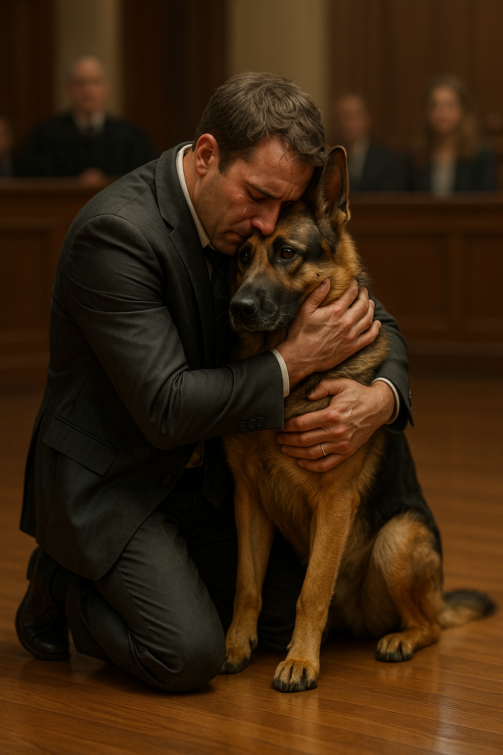 police officer hugging his German shepherd in courtroom.
